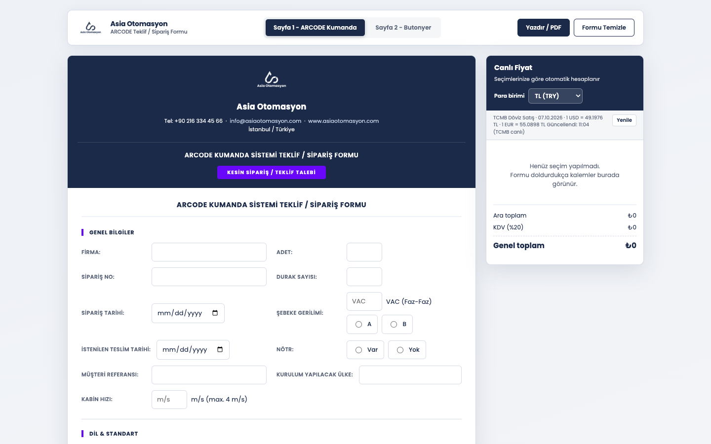 Asia Otomasyon — ARCODE Teklif Formu — ekran görüntüsü